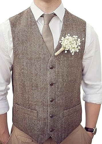 Men's Tweed Vest Herringbone Wool Waistcoat for Wedding Men Vests Formal Groom's Wear Suit Vest