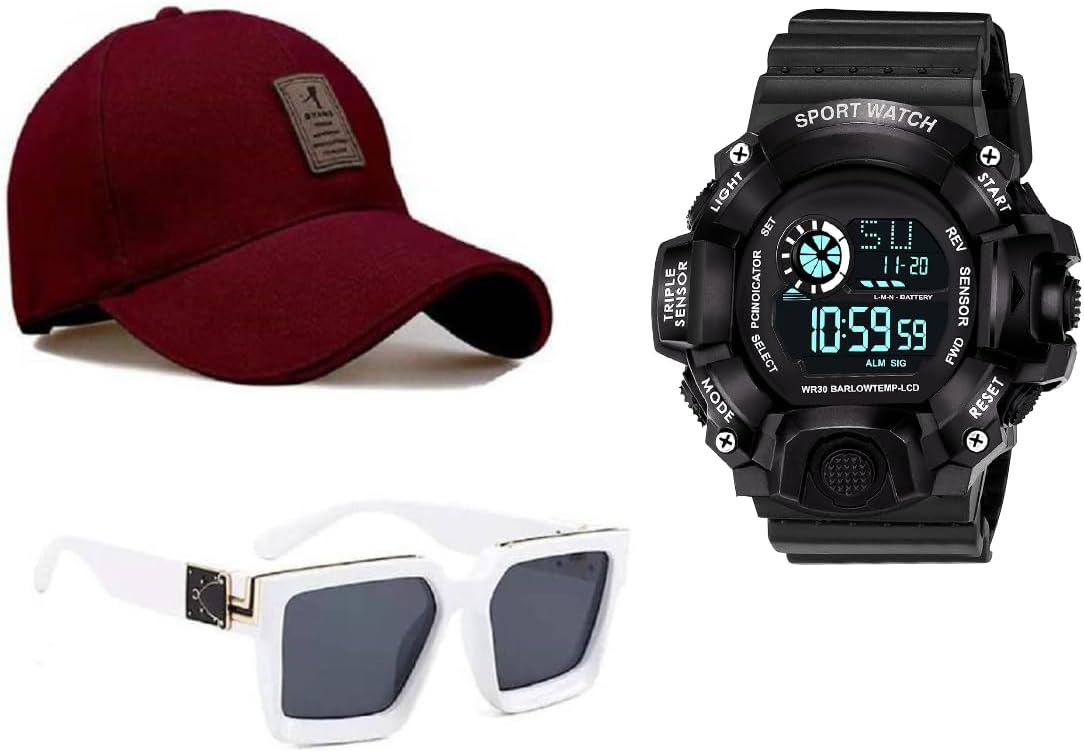 PUTHAKCombo Pack of 3 Stylish Dial Watch, Stylish Sport Baseball Cap & Stylish Aviator Wayfarer Sunglass for Men's and Boy's (Pack of 3) PTHK-1742