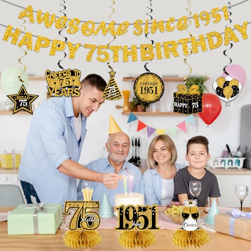 Image of Kuxriox 11Pcs 75th Birthday Decorations Kit for Men Women, Black Gold Happy 75th Birthday Banner, Awesome Since 1951 Centerpieces Swirls Party Supplies, 75 Bday Banner Ceiling Table Topper Sign