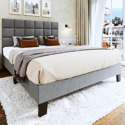 Image of Wooden Modern Upholstered King Size Bed for Bedroom | Wooden Double Bed Without Storage | Platform Cot Upholstered Bed with Upholstery Fabric | Engineered Wood | 6.5 x 6 Ft | Light Grey