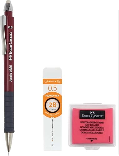 Faber-Castell Apollo - Juego de portaminas de 0.020 in, color rojo, 0.5 Mono-WX, mina 2B, borrador grande amasado color aleatorio, para gráficos