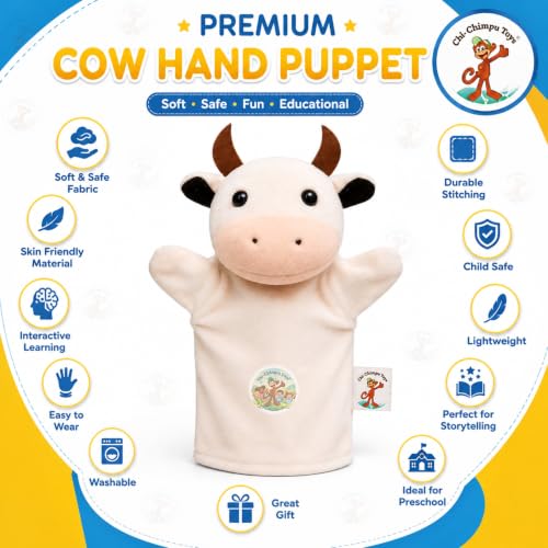 Image of Cow Hand Puppet for Kids | Soft Plush Animal Puppet | Storytelling, Role Play, Preschool Learning Toy | Interactive Educational Puppet for Boys & Girls