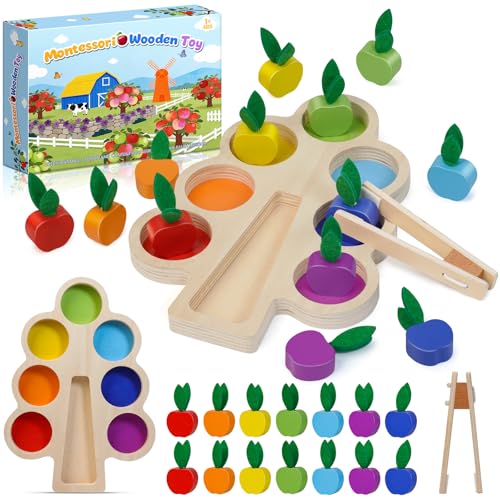 Joozmui Montessori Toys for 1 2 3 Year Olds Colour Sorting Apple Picking Toys for Toddlers Wooden Fine Motor Skills Toys Preschool Educational Sensory Toys for 1 2 3 Year Old Boys Girls Gifts