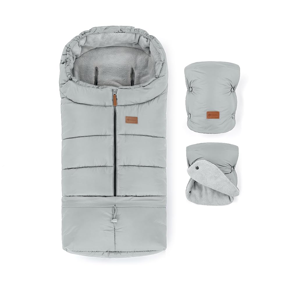 Petite&Mars JIBOT - Coprigambe universale con muffole, passeggino, carrozzina, seggiolino auto, letti, grigio, impermeabile, caldo, antivento