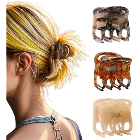 3 Pcs French Tortoise Hair Claw Clips,Durable Non-Slip Celluloid Acetate Hair Accessories for Women with Thin Hair,Beach Essentials Lightweight Small Jaw Barrettes(Gray,Brown,Black) Cover