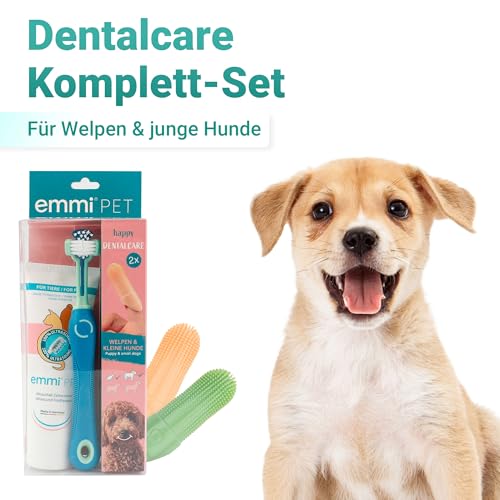 emmi-pet Zahnpflegeset für Hunde - 1x3köpfige Hundezahnbürste mit 1x Hundezahnpasta und 2x Fingerzahnbürste (Blau, Welpe - Junghund)