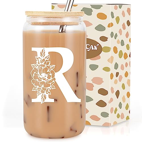 Coolife Initial Glass Cup, Monogrammed Gifts for Women, 16oz Glass Cups w/Lids Straws, Iced Coffee Smoothie Beer Tumbler w/Straw Lid, Personalized Mothers Day, Birthday Gifts for Woman Mom Friend Her