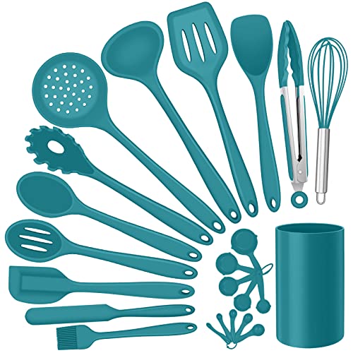 E-far Silicone Kitchen Utensils Set, E-far 23 Pcs Blue Cooking Utensils Tools with Holder for Nonstick Cookware, Include Spatula/Spoon/Ladle/Tongs/Turner, Heat Resistant & Nontoxic, Dishwasher Saf
