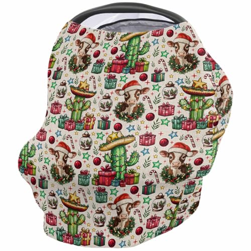 Nursing Cover for Breastfeeding Scarf, Western Christmas Cow Hat Cactus Gifts Ball Retro Baby Car Covers Super Soft Multi Use for Canopy Shopping Cart Cover Blanket Stroller Cover