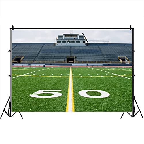 Laeacco 10X6.5 Vinyl Backdrop Fifty Yard Line With Bleachers Photography Background American Football Field With Empty Bleachers Stands Background Yellow And White Line Sportsman Photo Studio Prop #TOP2