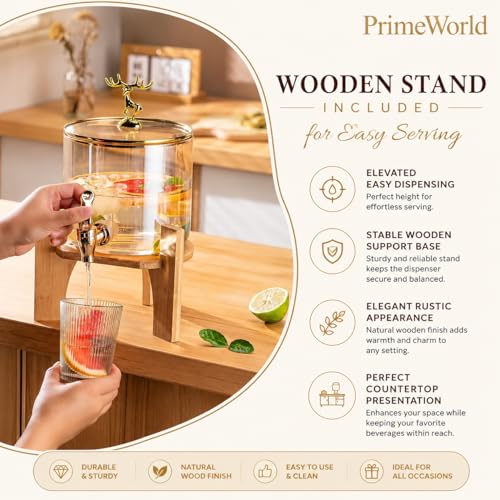 Image of PrimeWorld 1 Pc 2.6 LTR Glass Water Beverage Dispenser with Wooden Stand - Air Tight Lid Glass Pitcher for Detox Water - Mason Jar - Counter Table Top Juice Beer Dispenser for Home Restaurant Party