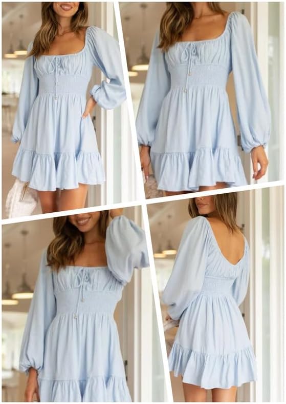 Dokotoo Womens Dresses Fashion 2026 Long Puff Sleeve Elastic Waist A-Line Casual Mini Beach Dress - Image 2