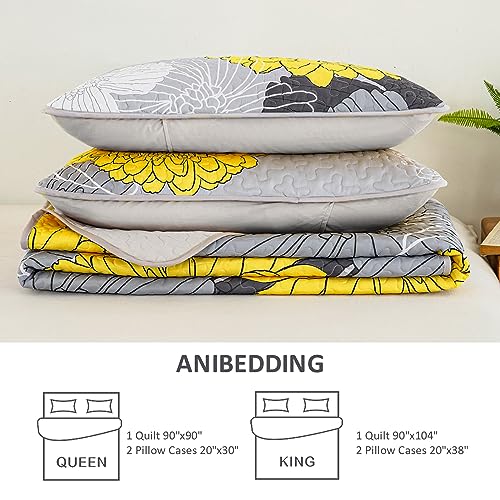 Anibedding Yellow Floral Pattern Quilt Set Queen Size - 3 Pieces Quilt Coverlet Elegant Bohemian Bedspread With 2 Pillowcases Soft Lightweight Bedding Quilt Set For Adults (Yellow,90"X90") #TOP6