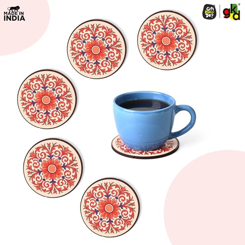Image of GKD Flower Coasters Wooden Tea & Coffee Coaster Set of 6 with Stand | Heat & Water Resistant Table Coaster for Cups, Mugs & Glasses (Flower Coasters)