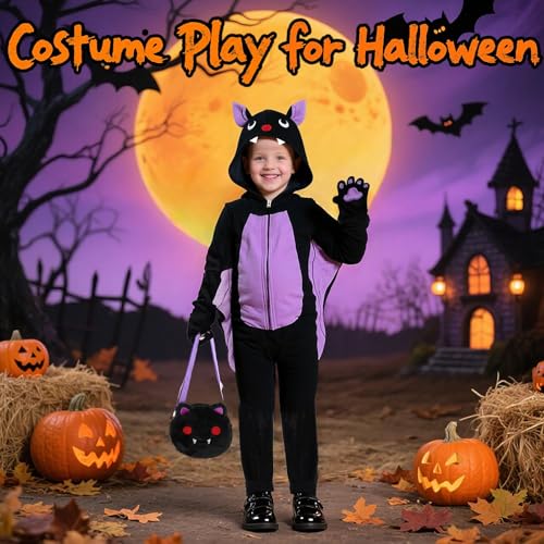 Image of Halloween Bat Costume for Boys & Girls, Kids Onesie Costume with Purple Bat Wings, Ears, Paws, Purse Bag, Gifts for Halloween, Dress-Up, Birthday or Any Occasion (5-6Years)
