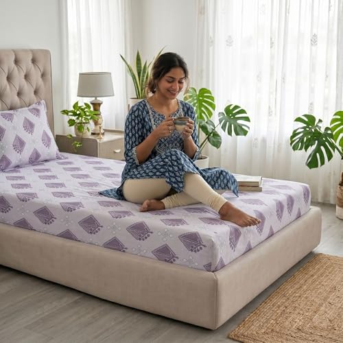 Image of Mafatlal 186 TC Grace Cotton Bedsheet for Single Bed | 90 x 60 Inch | Soft, Breathable & Durable Pure Cotton Fabric | Includes Pillow Cover | Violet Purple