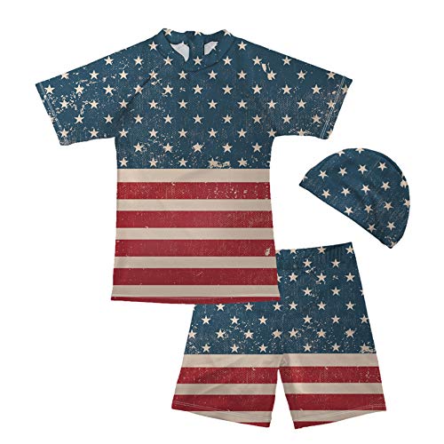 HUGS IDEA Boys Swimsuit Set with Trunk Cap Short Sleeve Soft Comfort Slim-fit Beachwear Vintage USA Flag Design Bathing Suit for Kids Toddler