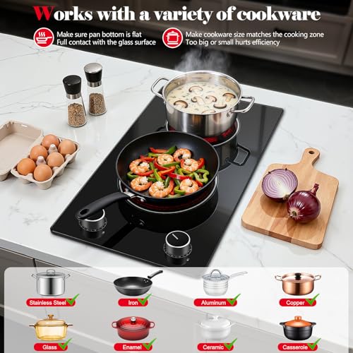 Image of SNDOAS 2 Burner Electric Cooktop,12 inch Built-in 3000W and 9 Power Levels Glass Ceramic Stove Top,Electric Stove with Knob Control,Hardwired 240V for Kitchen,Residual Heat Protection,Easy Clean