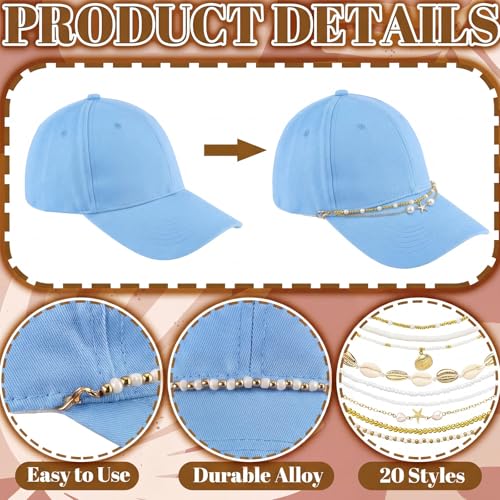 Image of Geyoga 9 Pcs Trucker Hat Chains Trucker Hat Charms Women Man Bill Decoration Detachable DIY Metal Chain for Mesh Baseball Cap(Gold White,Starfish Seashells)