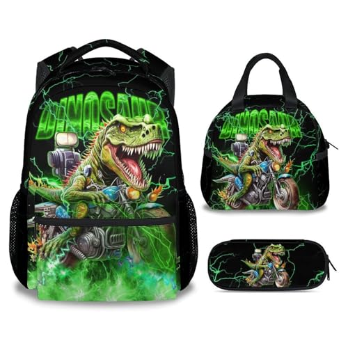 Backpack with Lunch Box, Dinosaur Backpacks for Boys, 17 Inch Kids School Bag Set, Motorcycle Bookbags for Elementary School