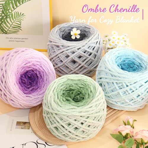 Image of Katech Ombre Cnenille Yarn for Crocheting-2 Pcs of 285g /10oz-6 Super Bulky | Fluffy Velvet Blanket Yarn for Knitting, Soft Fuzzy Phasing Cake Yarns for Baby Blanket, Throw Pillow, Plushies, Hat(Purple)