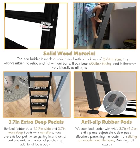 Image of 50 inch 55 inch 60 inch Black Wood Bunk Bed Ladder, Lofted /Dorm /RV Bed Bunkbed Ladders with 4in Extra Wide Steps and Non-Slip Pads, Replacement Wooden Ladder for Motorhome /Camping (Black, 67in /170cm)