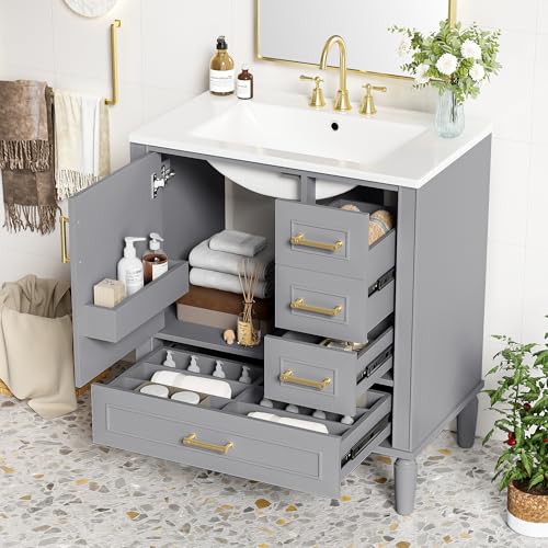 Favfurish 30" Bathroom Vanity with Sink,Free Standing Single Basin Vanity Set w/ 3 Drawers & Soft Closing Door,Solid Wood Frame,Metal Handles,Modern Storage Cabinet for Small Space,Grey