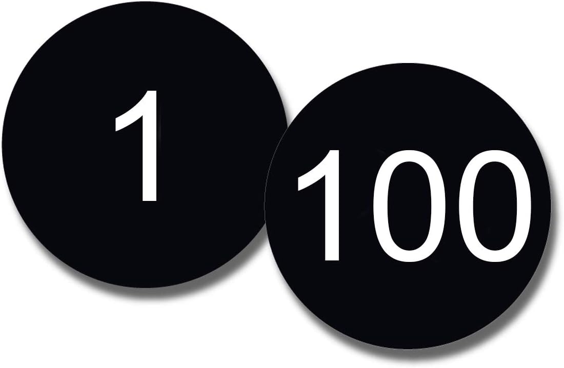 NapTags Circle Numbered Vinyl Decal Stickers, Flexible Vinyl with Acrylic Adhesive Backer, 1.5 inches x 1.5 inches (Black with White Numbers, 1-100)