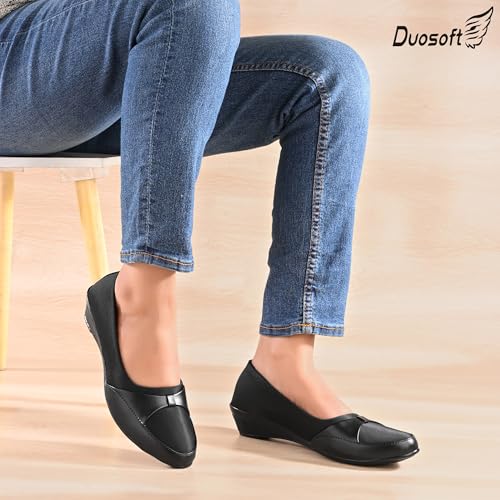 Image of Duosoft Women's Comfort Slip-On Loafers, Black Leather, Low Wedge Heel Bellies Dw-204-Brown