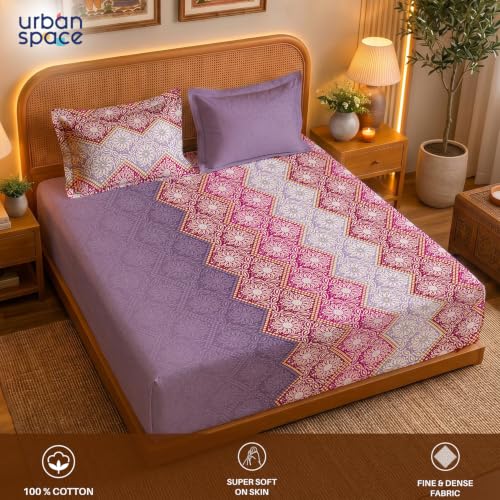Image of Urban Space Serene 300TC 100% Cotton Bedsheet for Double Bed, Panel Design Bedsheet, Printed Queen Size Bed Sheet with 2 Pillow Covers (90 x 100 Inches, Lehriya Dusty Purple)