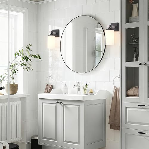 Image of Wall Sconces Set of Two, Farmhouse Rustic Vanity Light for Bathroom | Wall Lights with White Glass Shade for Mirror, Bedroom, Living Room, White Handcrafted Wood-Grain, Hardwired(Bulb Not Includ)