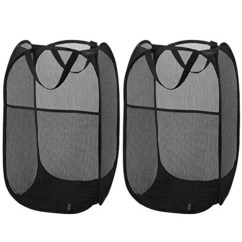 Paquete de 2 cestas de lavandería desplegables de malla, cesto de lavandería plegable para ropa, asas duraderas, portátiles, fáciles de abrir y doblar [negro] Cover