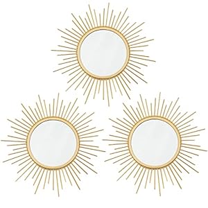 3 Pack Metal Mirrors for Wall Sunburst Wall Mirrors Home Décor Decorative Hanging Wall Art for Living Room Bedroom Entryway (Gold, Sunburst)