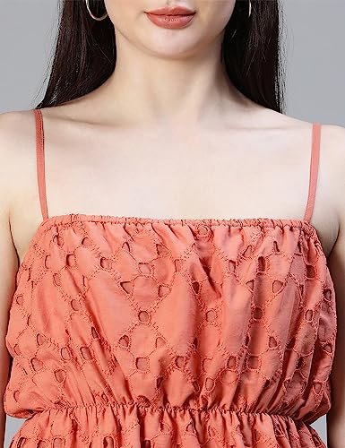 Image of oxolloxo Women Schiffli Elsaticated Shoulder Strap Cotton Top