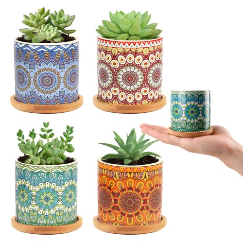 Nasxkji 4 piezas de macetas de cerámica para suculentas de 7,3 cm, maceta para suculentas con soporte de bambú, patrón de mandala, maceta para cactus para la decoración interior, plantas mini y