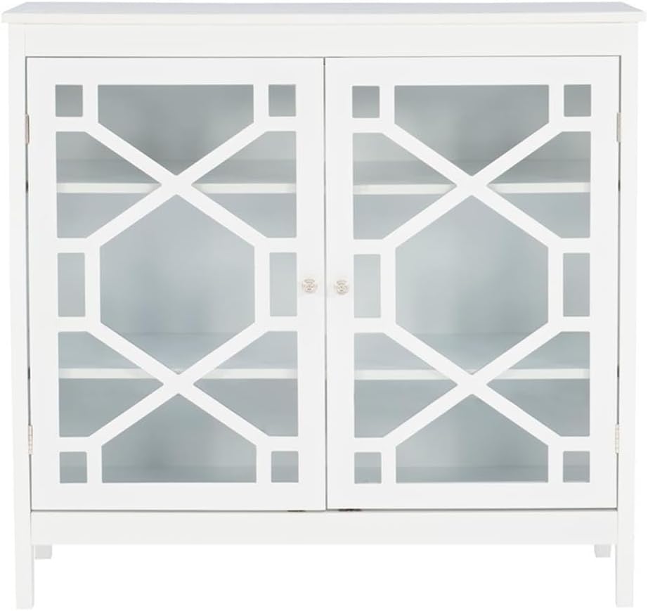Linon Betty Large Wood Cabinet with 2 Glass Paneled Doors and 3 Shelves in White