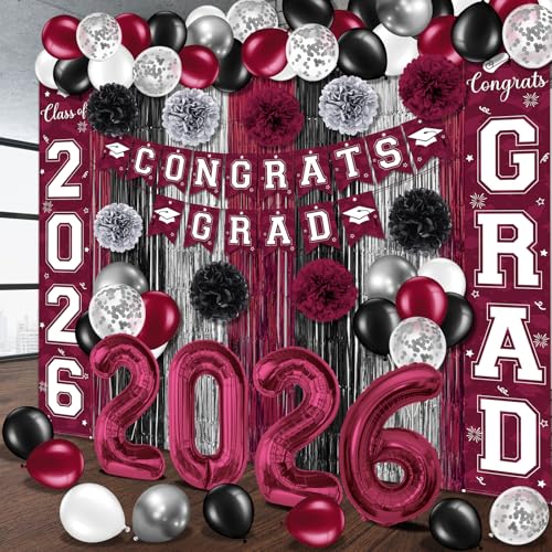 Image of Graduation Party Decorations Class of 2026, Graduation Decorations with Congrats Grad Banner Fringe Foil Curtain Paper Flower Ball Balloons for High School College Graduation Party Supplies, Maroon