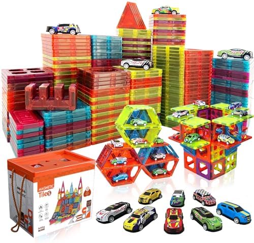 Magnetic Tiles Building Block with 10 Metal Cars for Kids Constru...