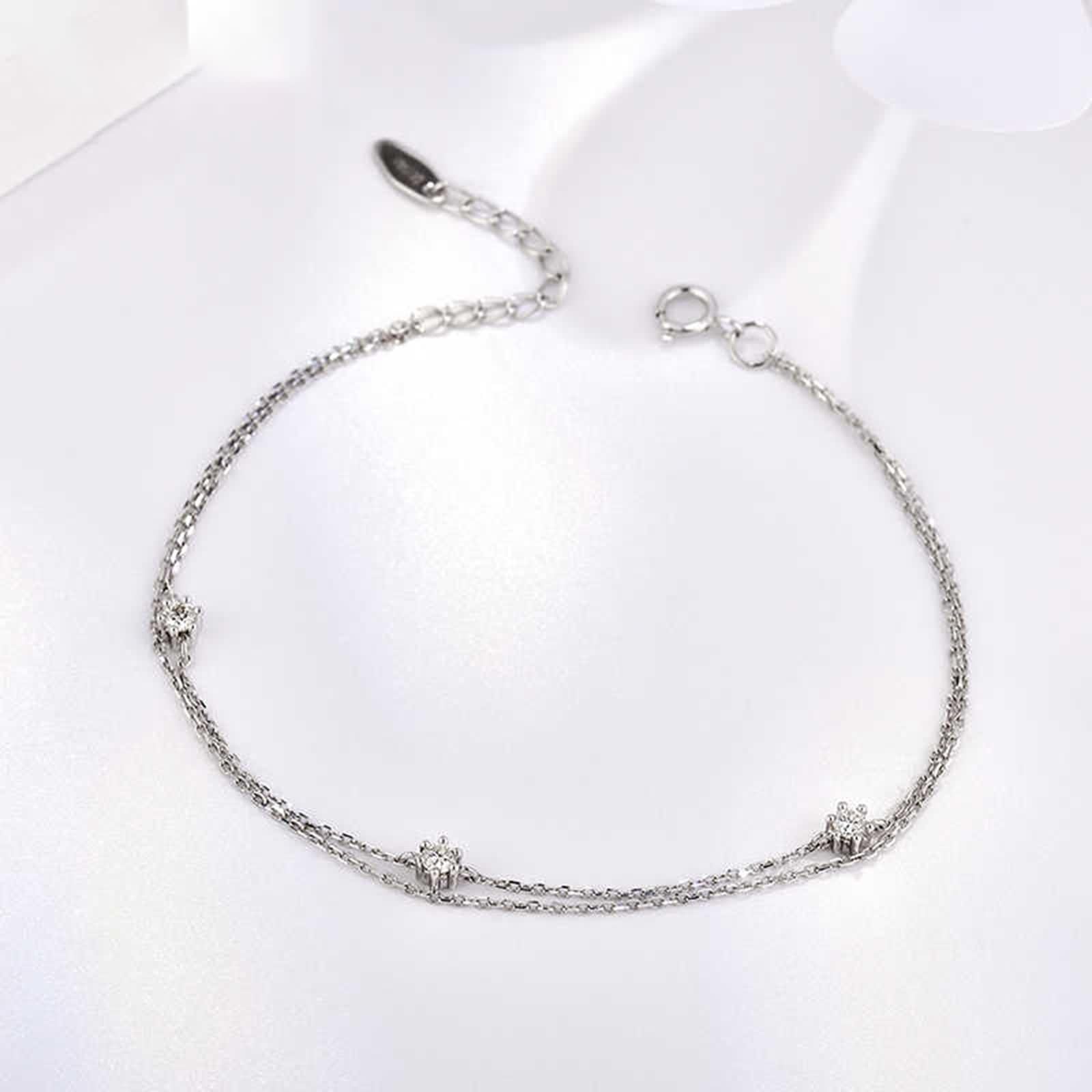 Pulsera de cadena para mujer, pulsera de cadena con diamantes blancos de 0,15 quilates, doble capa, joyería redonda de oro blanco