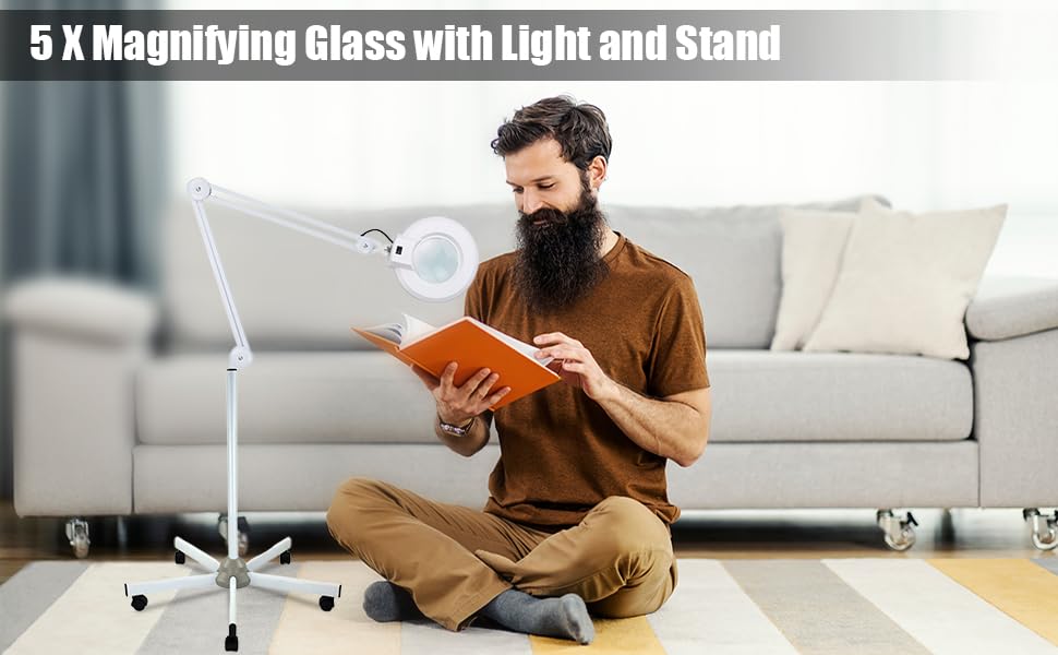 Lupa LED de 5 aumentos con soporte de luz, 5 dioptrías, lectura, manualidades, salón de belleza, 22 W, luz fría, versátil, color blanco