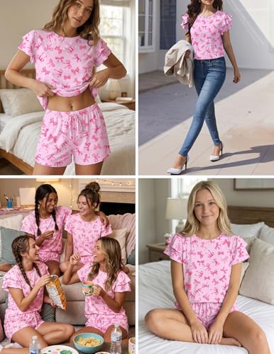 Image of Ekouaer Womens Pajama Sets 2 Piece Ruffle Sleeves Top and Shorts Pjs | Soft Sleepwear Cute Loungewear Set with Pockets for Sleep, Lounge, Wedding, Party, Bridal