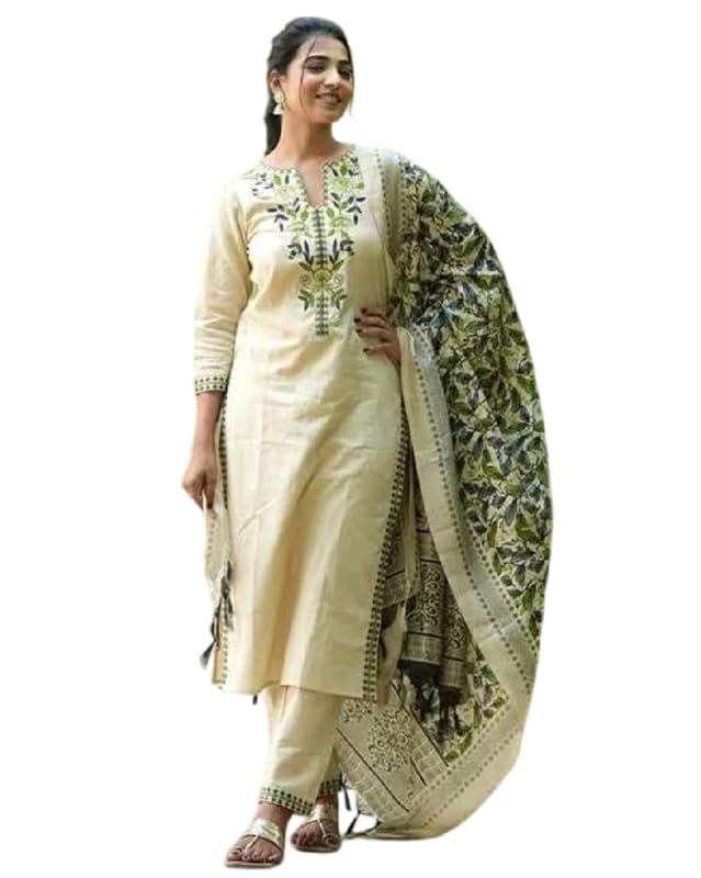 Women South Cotton Embroidered Kurta with Pant & Dupatta Green