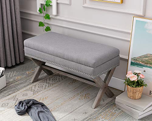 chairus Fabric Upholstered Storage Entryway Bench, Gray 36 inch Bedroom Bench Seat with X-Shaped Wood Legs for Living Room, Foyer or Hallway