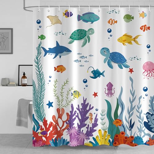 Image of iTapnoom Kids Ocean Theme Shower Curtain, Cute Sea Turtle Fish Coral Boys Girls Bathroom Curtain Decor Waterproof Fabric with 12 Hooks 72x72 Inch
