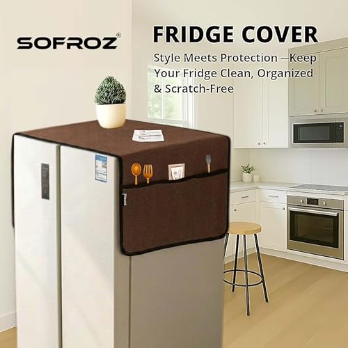 Image of Refrigerator Double Door Waterproof, Dustproof, Protective Cover for Fridges with Extra Storage Space Nylon Top Cover with 6 Storage Pockets (170 x 65 cm) (Brown)