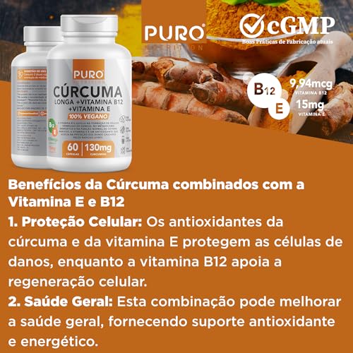 Cúrcuma em Cápsulas Puro Nutrition com Vitamina B12 + Vitamina E, 130mg Cúrcuma Longa por Porção, 60