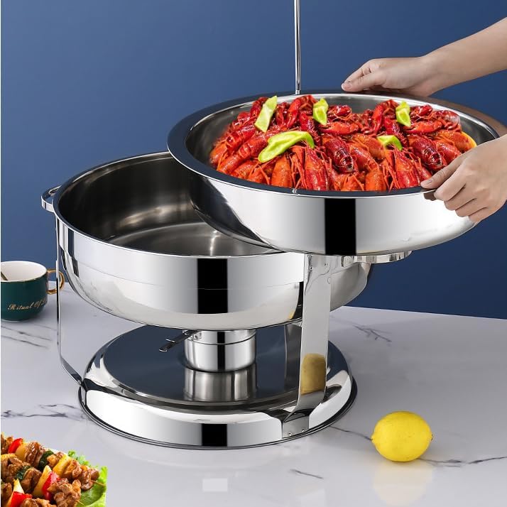 Round Stainless Steel Chafing DishFull Size Chafer Buffet Servers and Food Warmers with Food PanFuel HoldersLid for Party CateringSilver,Silver