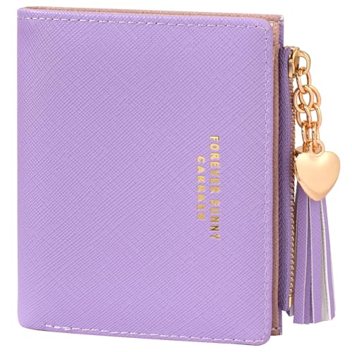 Image of KOTORA Womens Small Wallet Girls Tiny Slim Wallets Pretty Mini Card Holder Thin Short Zip Coin Purse with Love Pendant and Tassels (Purple)