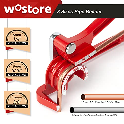Image of Wostore 180 Degree Tubing Bender, 3-in-1 for 1 /4 inch 5 /16 inch 3 /8 inch OD, Machined Steel 0-180 Pipe Bender with Non-Slip Grip for Copper Aluminum Brass Thin Stainless Steel, HVAC Plumbing DIY Red