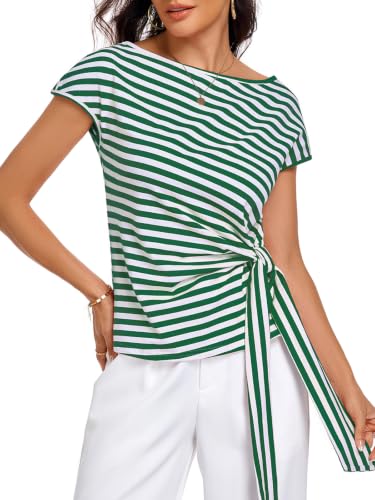 Image of HOTIAN Womens Cap Sleeve T Shirts 2026 Tie Waist Wrap Tops Crew Neck Blouses Dressy Casual Loose Work Business Dressy